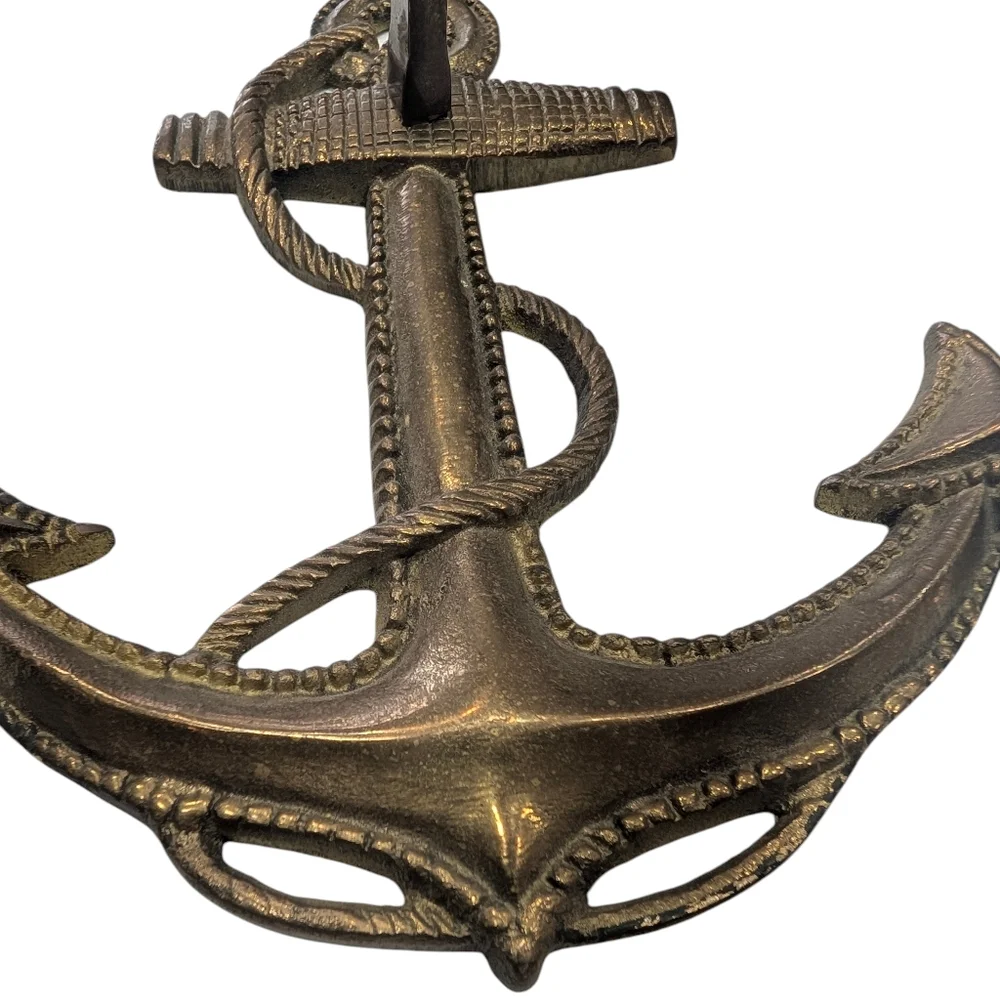 Vintage Large Cast Brass Anchor With Rope, Nautical Wall Mount. 7.5